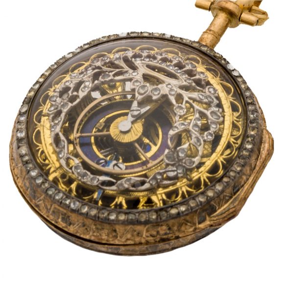Swiss gold skeletonized with diamond set pocket watch Circa 1790 Swiss gold skeletonized with diamond set pocket watch Circa 1790