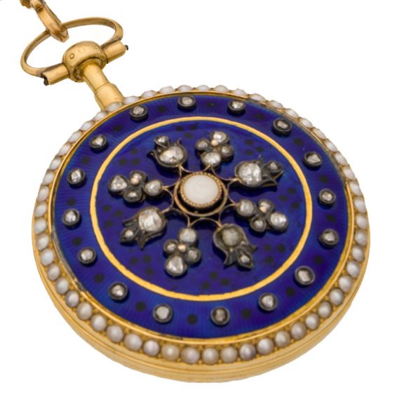 Swiss gold, enamel, diamond and pearl set pocket watch Circa 1800 Swiss gold, enamel, diamond and pearl set pocket watch Circa 1800