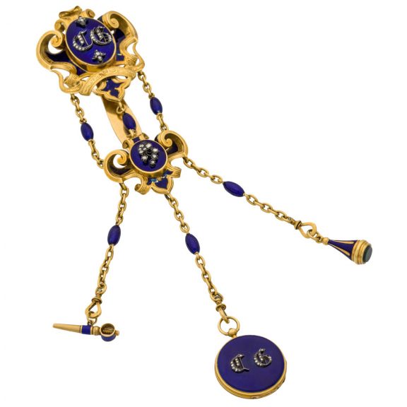 French gold châtelaine watch with diamond monogram Circa 1860