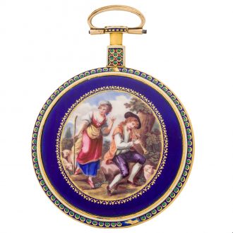 Swiss gold watch with polychrome enamel painted scene Circa 1800