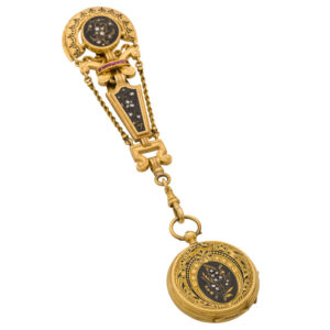 Swiss gold, enamel and ruby diamond set pendant watch Circa 1870