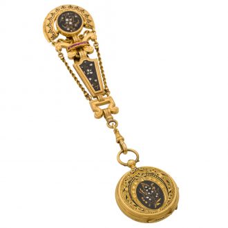 Swiss gold, enamel and ruby diamond set pendant watch Circa 1870