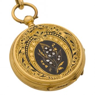 Swiss gold, enamel and ruby diamond set pendant watch Circa 1870