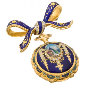 Elegant Swiss gold and enamel keyless lapel watch Circa 1894