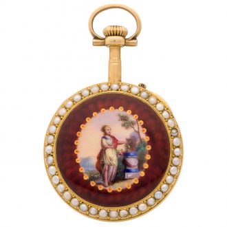 Attractive French gold, enamel and pearl pendant watch Circa 1890