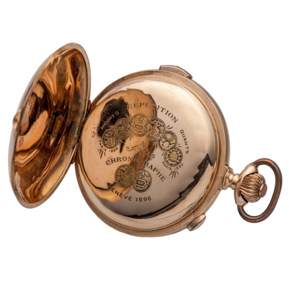 Large Swiss 14K gold quarter repeating chronograph Circa 1896 Large Swiss 14K gold quarter repeating chronograph Circa 1896