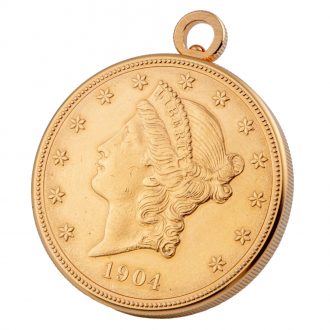 Swiss gold watch in US 20 Dollar liberty coin of 1904 Circa 1980