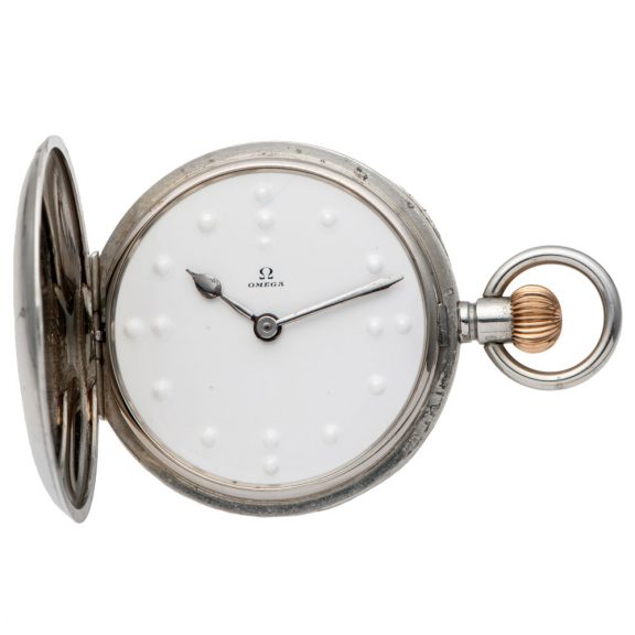 Swiss stainless steel pocket watch with braille indexes Circa 1912