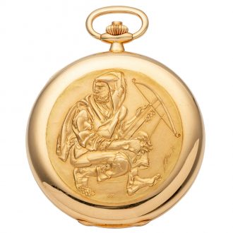 Swiss gold full hunter with relief decoration of William Tell Circa 1979