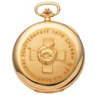 Swiss gold full hunter with relief decoration of William Tell Circa 1979