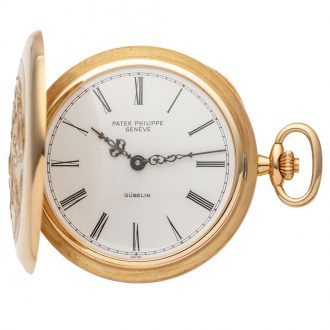 Swiss gold full hunter with relief decoration of William Tell Circa 1979