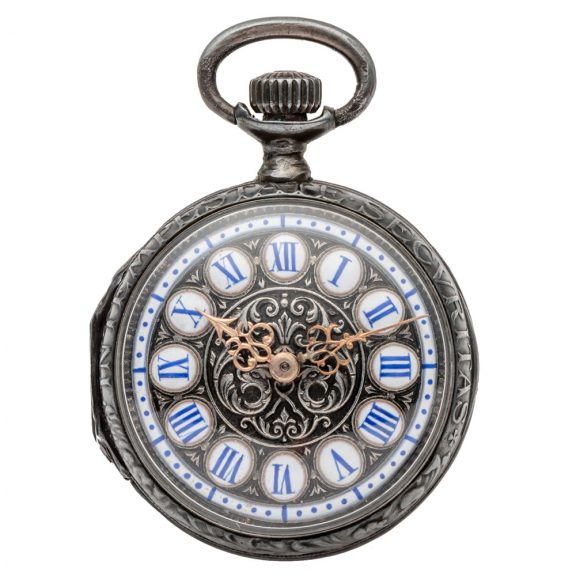 Swiss blackened silver keyless pocket watch Circa 1890
