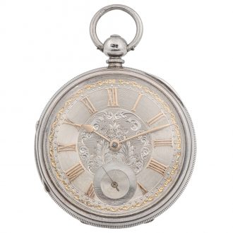 English silver open faced keyless lever pocket watch Circa 1882