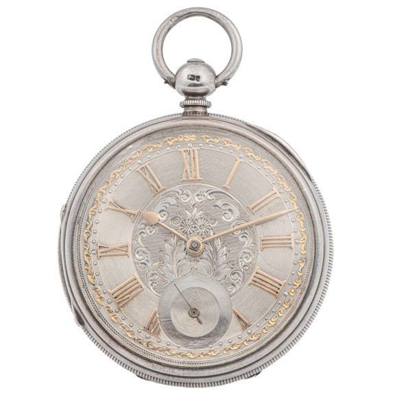 English silver open faced keyless lever pocket watch Circa 1882