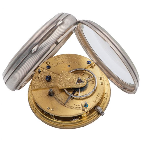 English silver open faced keyless lever pocket watch Circa 1882 English silver open faced keyless lever pocket watch Circa 1882