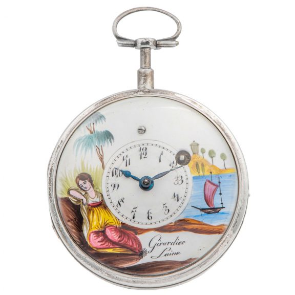 Swiss silver verge watch with enamel painting Circa 1800
