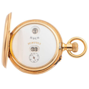 Swiss gold full hunter with jumping hours and minutes Circa 1885