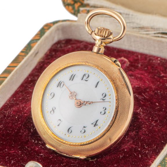 Swiss 14 carat gold and enamel lady's pendant watch Circa 1900 Swiss 14 carat gold and enamel lady's pendant watch Circa 1900