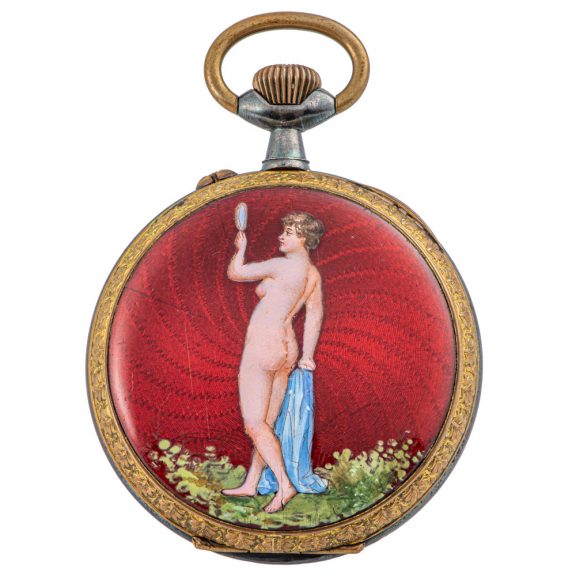 Swiss gilt metal lever with erotic scene of a naked lady Circa 1900