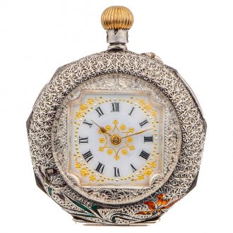 Swiss silver and enamel nonagonal shaped keyless pendant watch