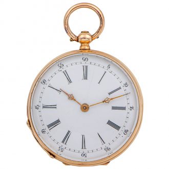 Swiss yellow gold open faced cylinder pendant watch Circa 1880
