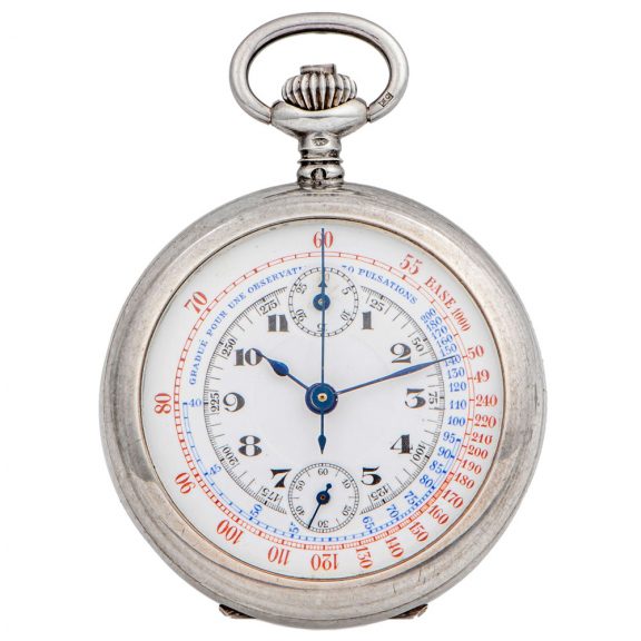 Swiss silver keyless chronograph with minute counter Circa 1920