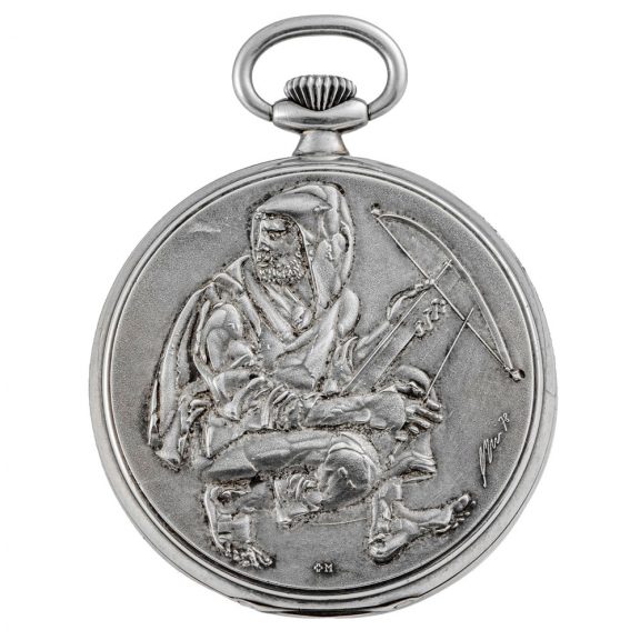Swiss silver watch with chased portrait of William Tell Circa 1979 Swiss silver watch with chased portrait of William Tell Circa 1979