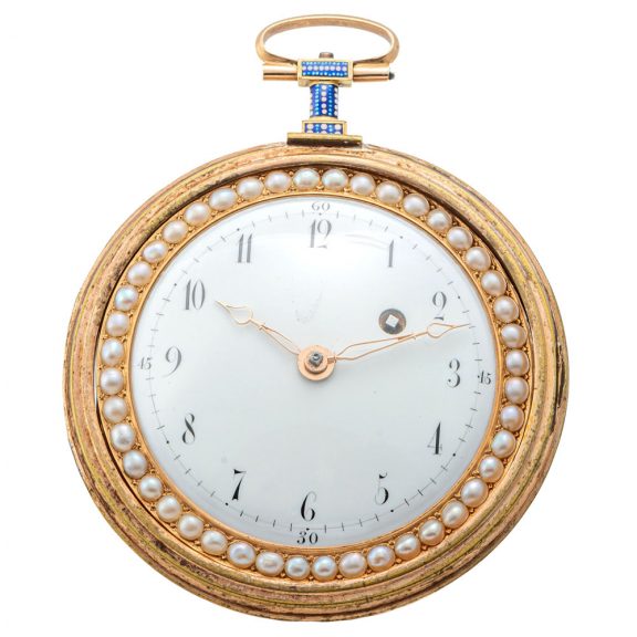 Swiss gold and enamel pearl set pocket watch Circa 1790 Swiss gold and enamel pearl set pocket watch Circa 1790