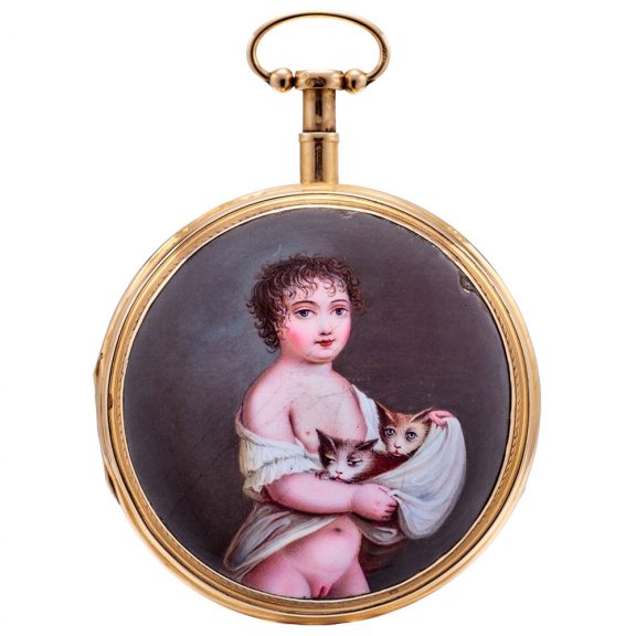 Swiss gold quarter repeater with enamel erotic scene Circa 1810 Swiss gold quarter repeater with enamel erotic scene Circa 1810