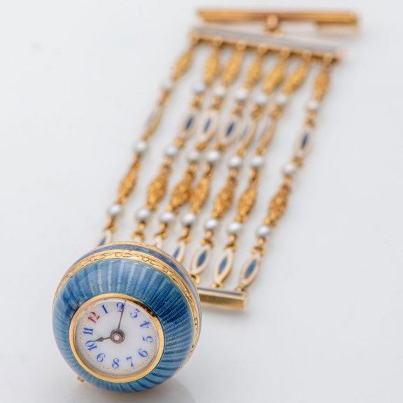 Swiss 18K gold miniature Boule de Genève with brooch Circa 1900