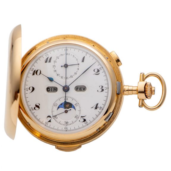 Swiss gold hunter with six horological complications Circa 1915 Swiss gold hunter with six horological complications Circa 1915