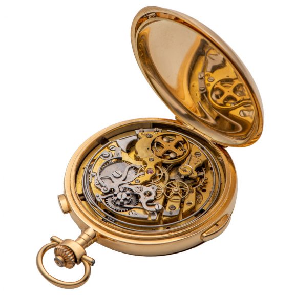 Swiss gold hunter with six horological complications Circa 1915 Swiss gold hunter with six horological complications Circa 1915