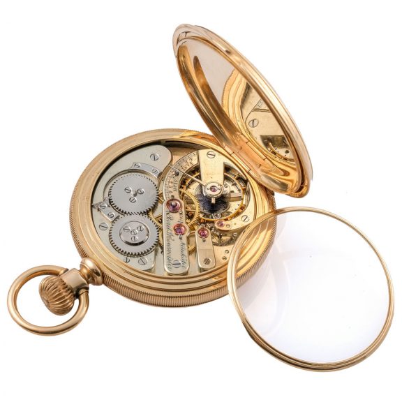 Swiss 18K gold hunting cased lever pocket watch Circa 1880 Swiss 18K gold hunting cased lever pocket watch Circa 1880