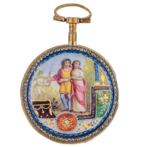 Charming French gilded brass watch with enamel scene Circa 1800