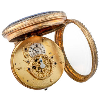 Charming French gilded brass watch with enamel scene Circa 1800