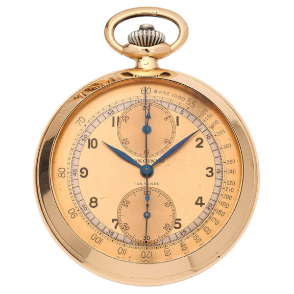 Swiss gold chronograph with tachometer scale Circa 1944 Swiss gold chronograph with tachometer scale Circa 1944