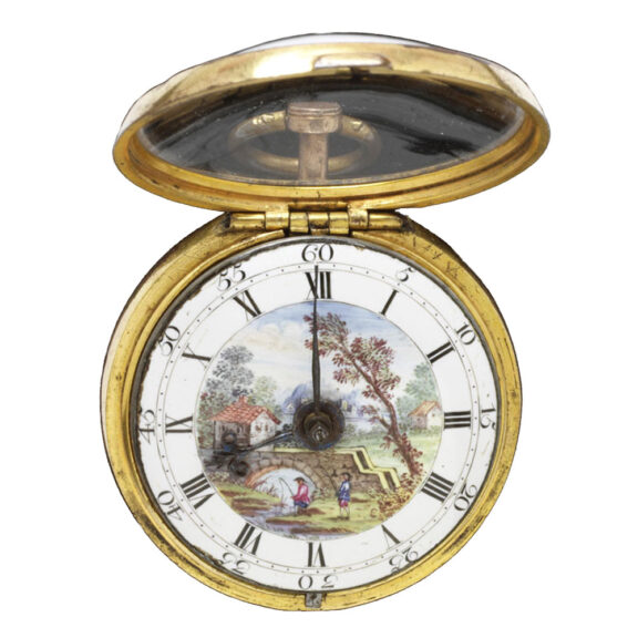 English copper verge with landscape dial scene Circa 1760 English copper verge with landscape dial scene Circa 1760