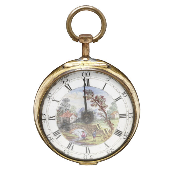 English copper verge with landscape dial scene Circa 1760 English copper verge with landscape dial scene Circa 1760