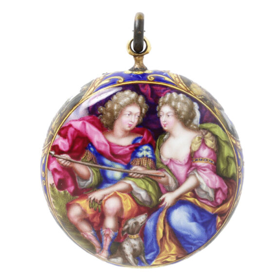 Swiss gold verge watch with enamel scene Circa 1686