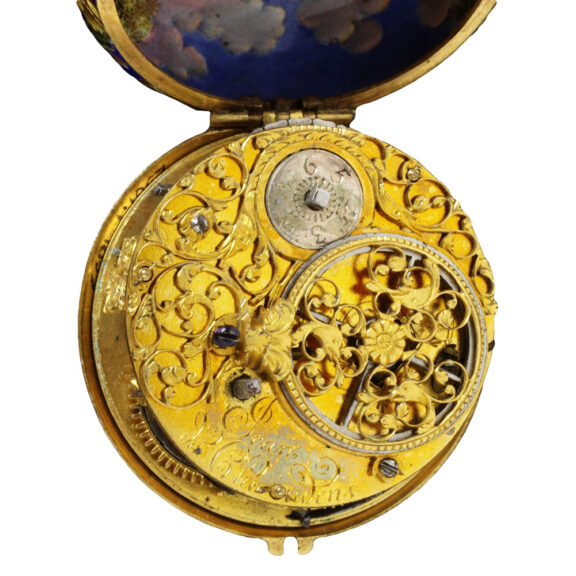 Swiss gold verge watch with enamel scene Circa 1686 Swiss gold verge watch with enamel scene Circa 1686