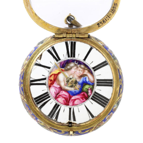 Swiss gold verge watch with enamel scene Circa 1686 Swiss gold verge watch with enamel scene Circa 1686
