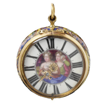 Swiss gold verge with enamel scene 'Roman Charity' Circa 1682
