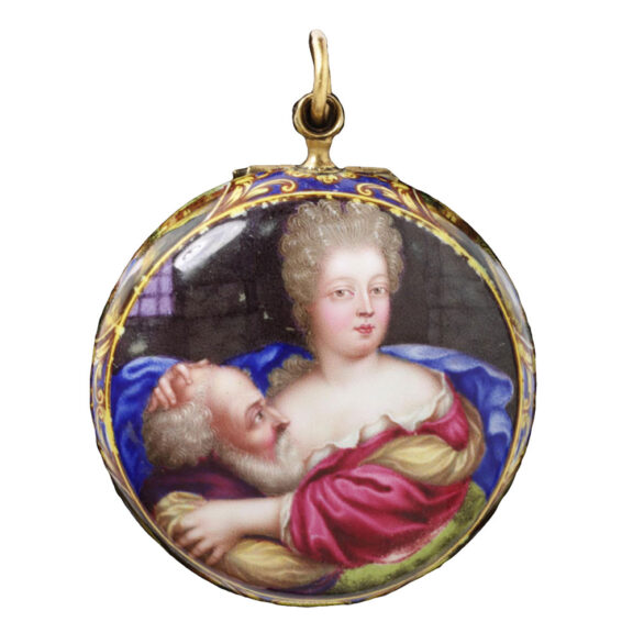 Swiss gold verge with enamel scene 'Roman Charity' Circa 1682 Swiss gold verge with enamel scene 'Roman Charity' Circa 1682