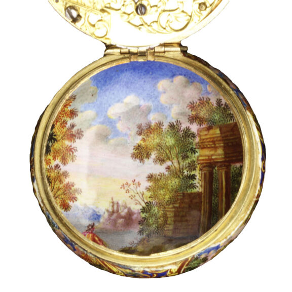Swiss gold verge with enamel scene 'Roman Charity' Circa 1682 Swiss gold verge with enamel scene 'Roman Charity' Circa 1682