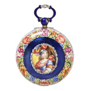 Swiss enamelled watch with scene of a young men Circa 1680