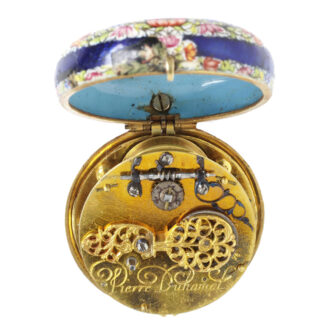 Swiss enamelled watch with scene of a young men Circa 1680