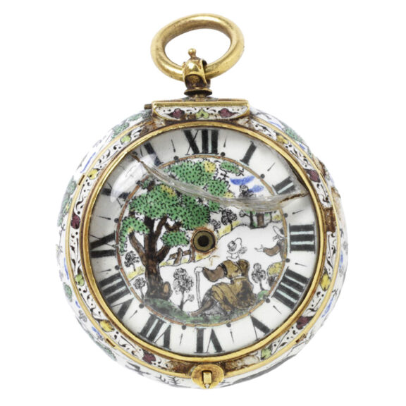 English copper gilt watch with enamel scene Circa 1650 English copper gilt watch with enamel scene Circa 1650