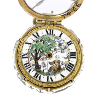 English copper gilt watch with enamel scene Circa 1650