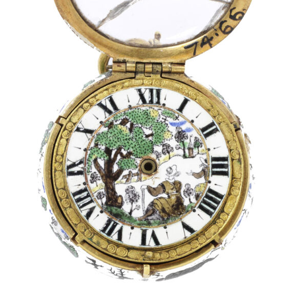 English copper gilt watch with enamel scene Circa 1650 English copper gilt watch with enamel scene Circa 1650
