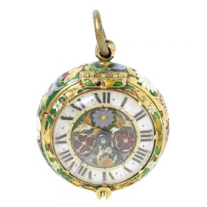 English gold watch with decorative translucent enamel Circa 1645